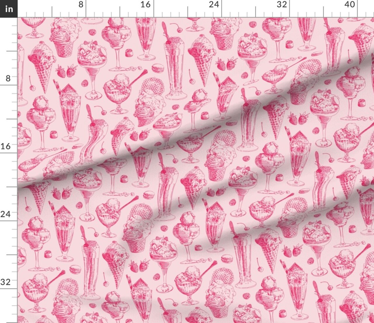 Pink Vintage Ice Cream Summer Monochrome Milkshake Dessert Toile De Jouy Custom Printed Fabric by Spoonflower Various Fabrics by the Yard or Fat Quarter